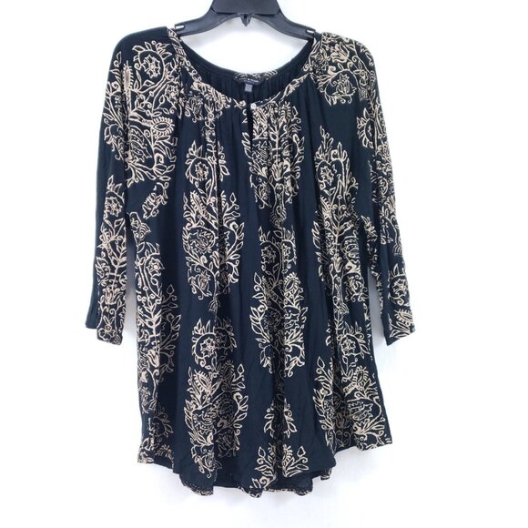 Lucky Brand Womens 2X Black & Beige Floral Print Cotton Blouse With 3/4 Sleeves - Picture 1 of 7